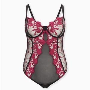BLACK MESH & BERRY PINK EMBROIDERED BODYSUIT